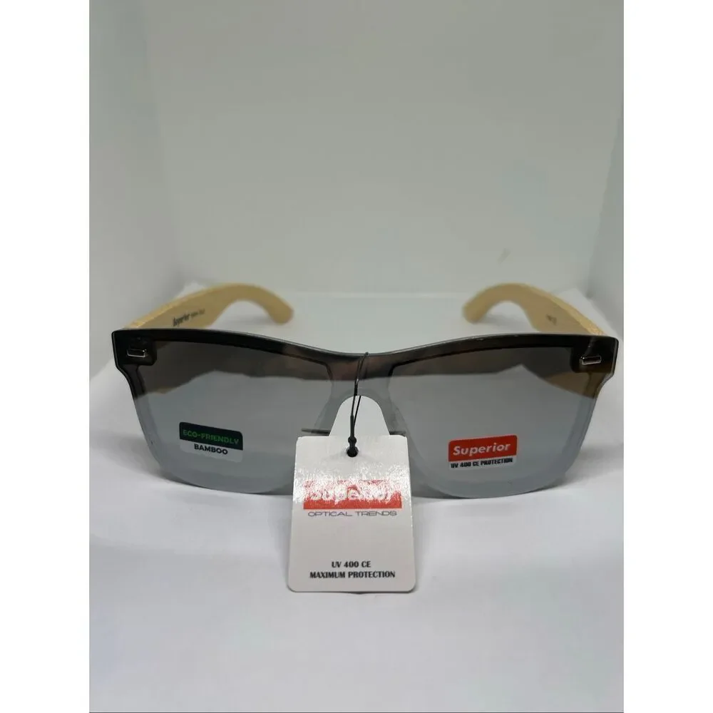 Superior Bamboo Mirrored  UV400 Rimless Shield Sunglasses Eco-Friendly Wooden Ar